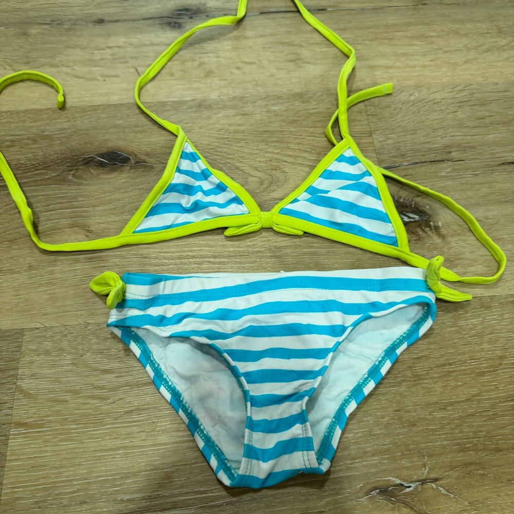 The Childrens Place Girls Blue White Striped Bikini Neon Yellow Trim Size 4